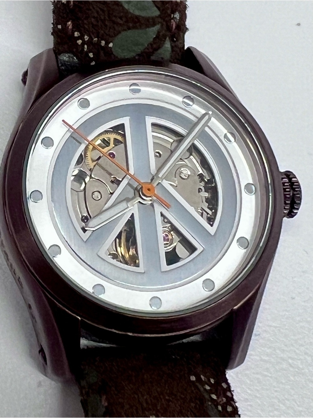 Lucky Brand Skeleton Dial Peace Sign Watch with Brown Leather Strap